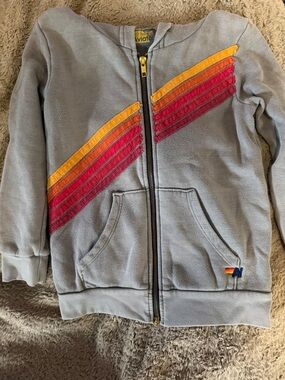 Aviator Nation Gray Zip Hoodie with Orange & Red Stripes